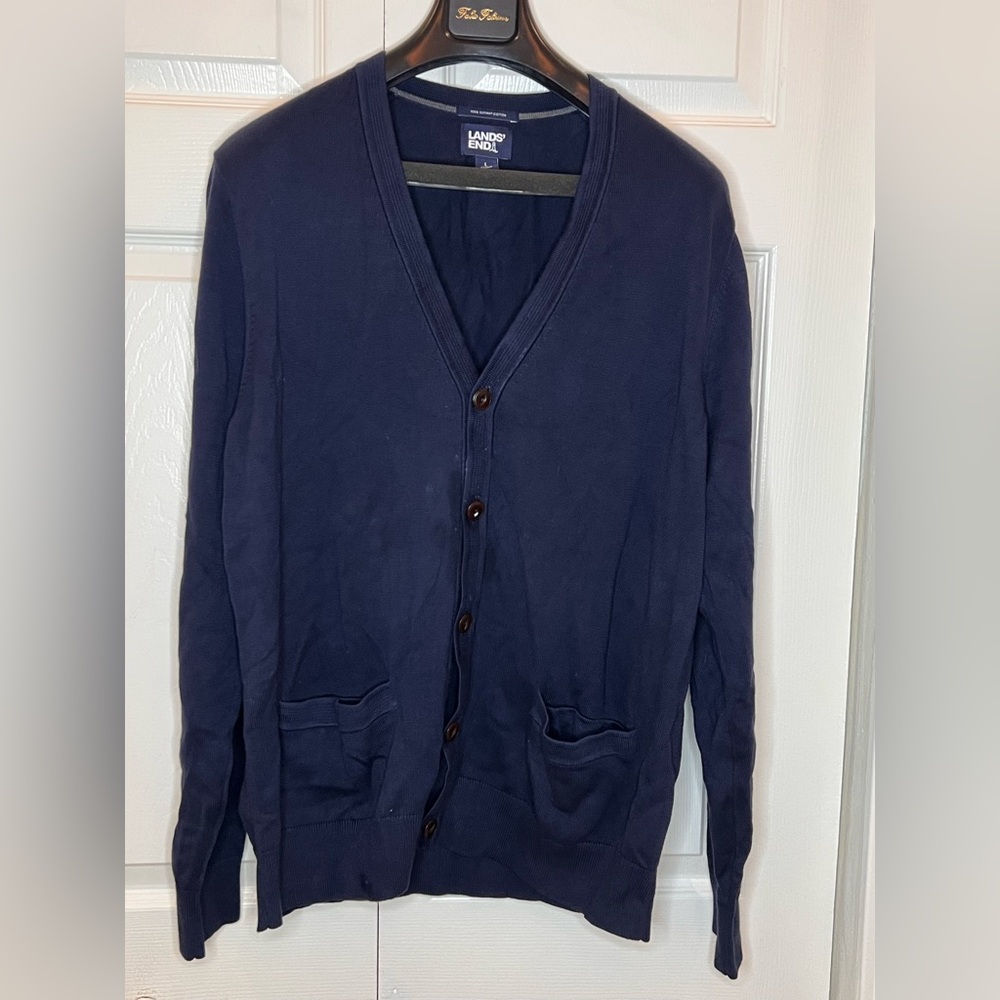 Lands' End women’s long sleeve long cardigan with buttons blue size large NWOT